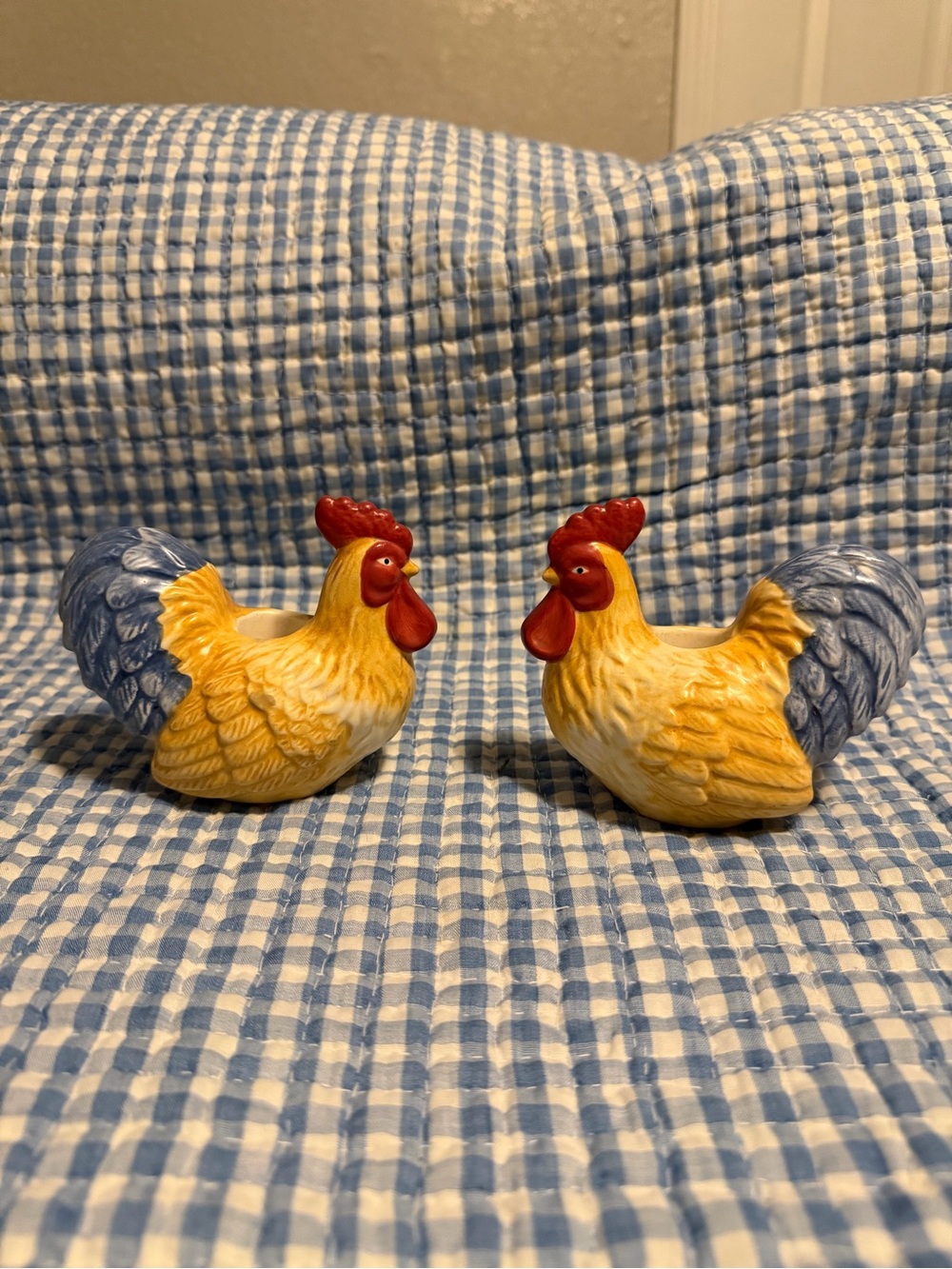 Ceramic Rooster Candle Holder Set of 2 Yellow Blue Red